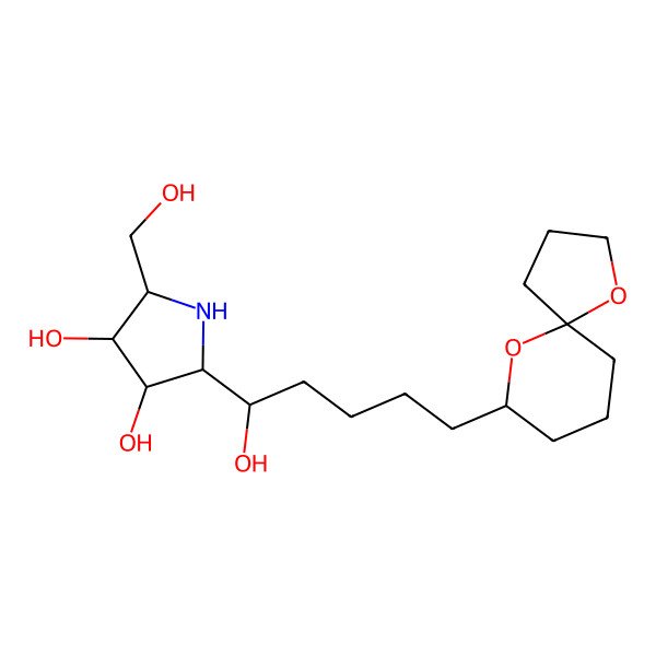 2D Structure of (2R,3R,4R,5R)-2-[(1R)-5-(1,6-dioxaspiro[4.5]decan-7-yl)-1-hydroxypentyl]-5-(hydroxymethyl)pyrrolidine-3,4-diol