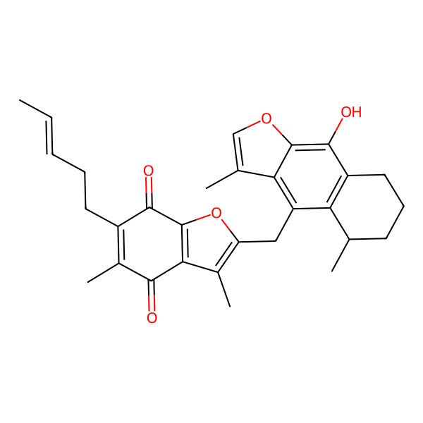 2D Structure of 2-{((5s)-5,6,7,8-Tetrahydro-9-hydroxy-3,5-dimethylnaphtho(2,3-b)furan-4-yl)methyl}-3,5-dimethyl-6-((3e)-pent-3-en-1-yl)-1-benzofuran-4,7-dione