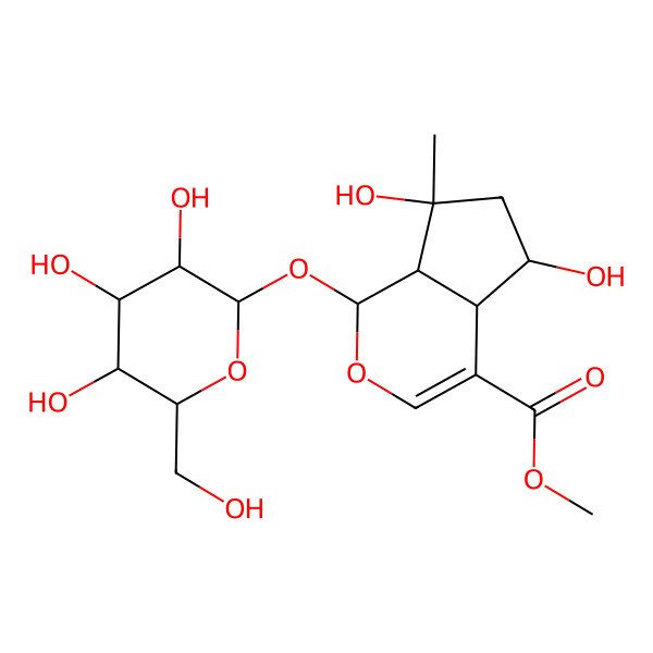 2D Structure of methyl (1R,4aS,5R,7S,7aS)-5,7-dihydroxy-7-methyl-1-[(2S,3R,4S,5S,6R)-3,4,5-trihydroxy-6-(hydroxymethyl)oxan-2-yl]oxy-4a,5,6,7a-tetrahydro-1H-cyclopenta[c]pyran-4-carboxylate