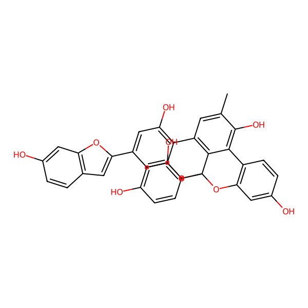 2D Structure of (1R)-1-(2,4-dihydroxyphenyl)-17-(6-hydroxy-1-benzofuran-2-yl)-11-methyl-2,20-dioxapentacyclo[11.7.1.03,8.09,21.014,19]henicosa-3(8),4,6,9,11,13(21),14,16,18-nonaene-5,10,15-triol