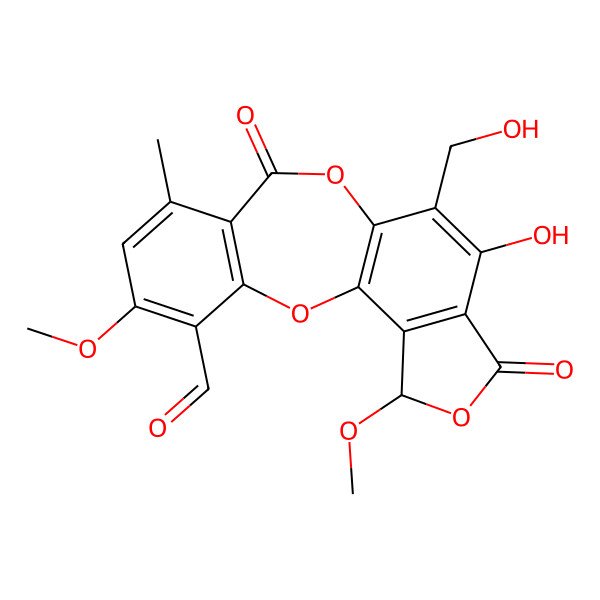 2D Structure of (17R)-13-hydroxy-12-(hydroxymethyl)-5,17-dimethoxy-7-methyl-9,15-dioxo-2,10,16-trioxatetracyclo[9.7.0.03,8.014,18]octadeca-1(11),3(8),4,6,12,14(18)-hexaene-4-carbaldehyde
