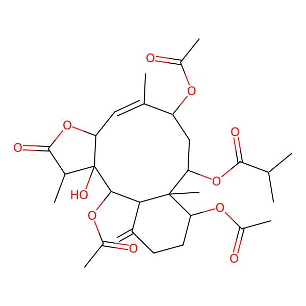 2D Structure of (2,10,14-Triacetyloxy-3-hydroxy-4,9,13-trimethyl-17-methylidene-5-oxo-6-oxatricyclo[11.4.0.03,7]heptadec-8-en-12-yl) 2-methylpropanoate