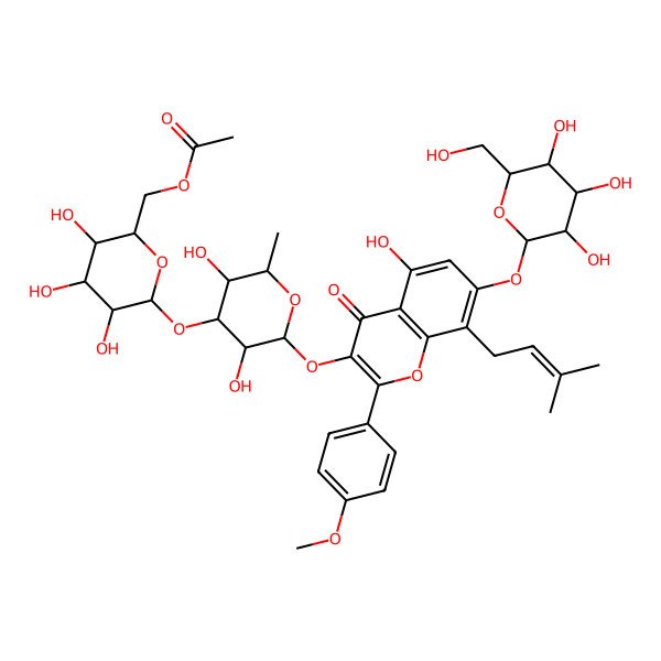 2D Structure of [6-[3,5-Dihydroxy-2-[5-hydroxy-2-(4-methoxyphenyl)-8-(3-methylbut-2-enyl)-4-oxo-7-[3,4,5-trihydroxy-6-(hydroxymethyl)oxan-2-yl]oxychromen-3-yl]oxy-6-methyloxan-4-yl]oxy-3,4,5-trihydroxyoxan-2-yl]methyl acetate