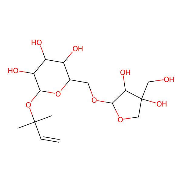2D Structure of NCGC00384625-01_C16H28O10_2-Methyl-3-buten-2-yl 6-O-[(2R,3R,4R)-3,4-dihydroxy-4-(hydroxymethyl)tetrahydro-2-furanyl]-beta-D-glucopyranoside