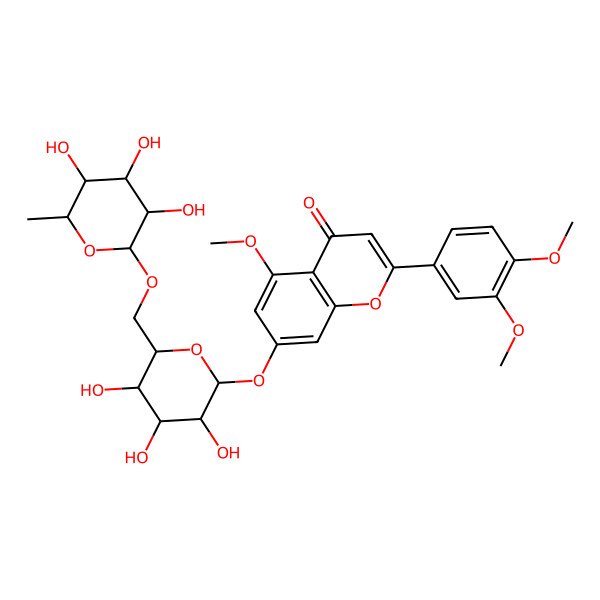 2D Structure of 2-(3,4-dimethoxyphenyl)-5-methoxy-7-[(2S,3R,4S,5S,6R)-3,4,5-trihydroxy-6-[[(2R,3R,4S,5S,6R)-3,4,5-trihydroxy-6-methyloxan-2-yl]oxymethyl]oxan-2-yl]oxychromen-4-one