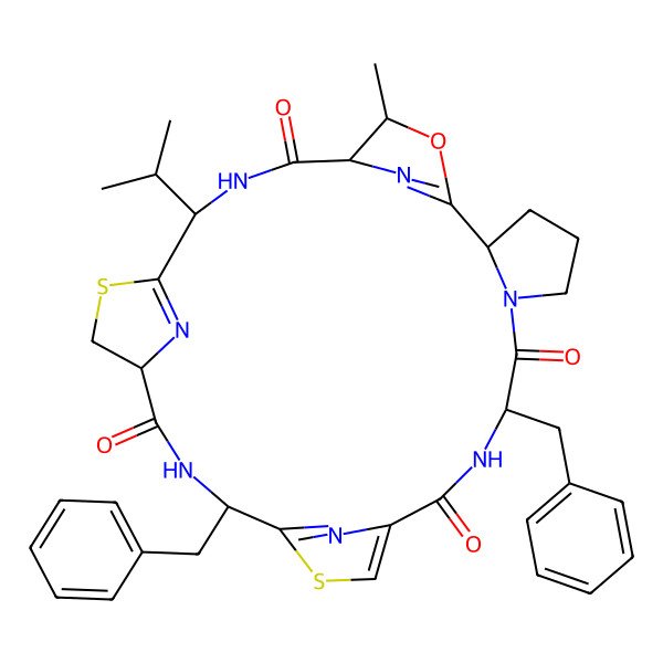 2D Structure of (2S,8S,15S,18R,22S,25S,26R)-8,15-dibenzyl-26-methyl-22-propan-2-yl-27-oxa-13,20-dithia-6,9,16,23,28,29,30-heptazapentacyclo[23.2.1.111,14.118,21.02,6]triaconta-1(28),11,14(30),21(29)-tetraene-7,10,17,24-tetrone