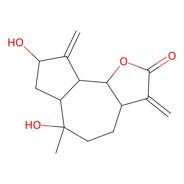 2D Structure of (3aS,6S,6aR,8R,9aR,9bR)-6,8-dihydroxy-6-methyl-3,9-dimethylidene-3a,4,5,6a,7,8,9a,9b-octahydroazuleno[4,5-b]furan-2-one