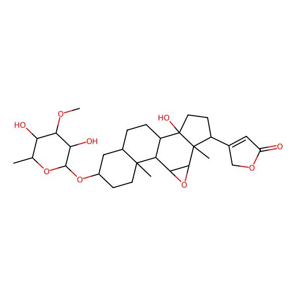 2D Structure of 3-[15-(3,5-dihydroxy-4-methoxy-6-methyloxan-2-yl)oxy-9-hydroxy-5,18-dimethyl-3-oxapentacyclo[8.8.0.02,4.05,9.013,18]octadecan-6-yl]-2H-furan-5-one