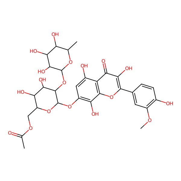 2D Structure of [(2R,3S,4S,5R,6S)-3,4-dihydroxy-6-[3,5,8-trihydroxy-2-(4-hydroxy-3-methoxyphenyl)-4-oxochromen-7-yl]oxy-5-[(2S,3R,4R,5R,6S)-3,4,5-trihydroxy-6-methyloxan-2-yl]oxyoxan-2-yl]methyl acetate