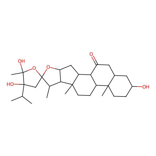 2D Structure of 2',3',16-Trihydroxy-2',7,9,13-tetramethyl-3'-propan-2-ylspiro[5-oxapentacyclo[10.8.0.02,9.04,8.013,18]icosane-6,5'-oxolane]-20-one