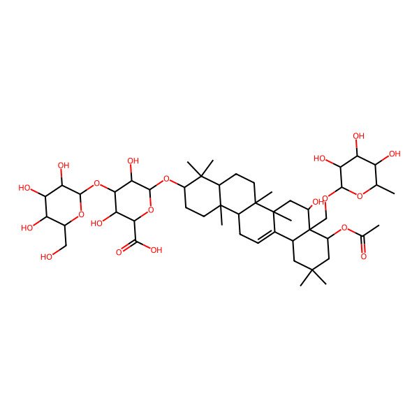 2D Structure of (2S,3S,4S,5R,6R)-6-[[(3S,4aR,6aR,6bS,8S,8aR,9S,12aS,14aR,14bR)-9-acetyloxy-8-hydroxy-4,4,6a,6b,11,11,14b-heptamethyl-8a-[[(2R,3R,4R,5R,6S)-3,4,5-trihydroxy-6-methyloxan-2-yl]oxymethyl]-1,2,3,4a,5,6,7,8,9,10,12,12a,14,14a-tetradecahydropicen-3-yl]oxy]-3,5-dihydroxy-4-[(2S,3R,4S,5S,6R)-3,4,5-trihydroxy-6-(hydroxymethyl)oxan-2-yl]oxyoxane-2-carboxylic acid