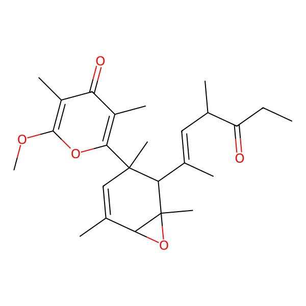 2D Structure of 2-methoxy-3,5-dimethyl-6-[(1S,2S,3R,6R)-1,3,5-trimethyl-2-[(E,4R)-4-methyl-5-oxohept-2-en-2-yl]-7-oxabicyclo[4.1.0]hept-4-en-3-yl]pyran-4-one