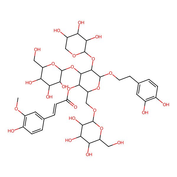 2D Structure of [6-[2-(3,4-Dihydroxyphenyl)ethoxy]-4-[3,4,5-trihydroxy-6-(hydroxymethyl)oxan-2-yl]oxy-2-[[3,4,5-trihydroxy-6-(hydroxymethyl)oxan-2-yl]oxymethyl]-5-(3,4,5-trihydroxyoxan-2-yl)oxyoxan-3-yl] 3-(4-hydroxy-3-methoxyphenyl)prop-2-enoate