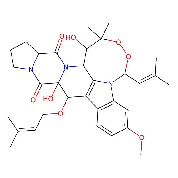 2D Structure of 13,23-Dihydroxy-5-methoxy-12,12-dimethyl-24-(3-methylbut-2-enoxy)-9-(2-methylprop-1-enyl)-10,11-dioxa-8,15,21-triazahexacyclo[12.10.1.02,7.08,25.015,23.017,21]pentacosa-1(25),2(7),3,5-tetraene-16,22-dione