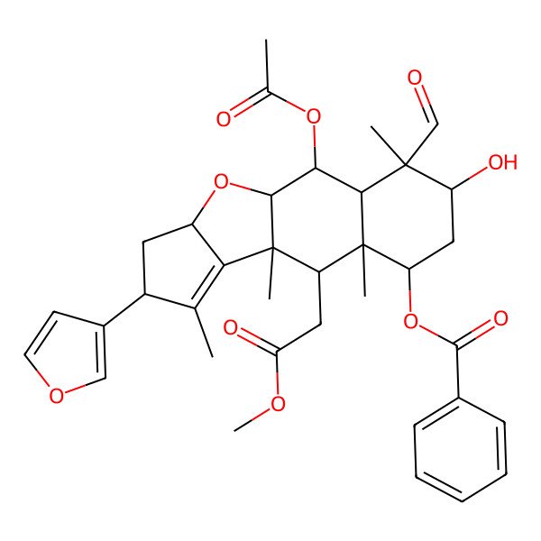 2D Structure of [(1S,2R,3R,4S,5R,7S,8R,9S,10R,13R,15R)-2-acetyloxy-4-formyl-13-(furan-3-yl)-5-hydroxy-9-(2-methoxy-2-oxoethyl)-4,8,10,12-tetramethyl-16-oxatetracyclo[8.6.0.03,8.011,15]hexadec-11-en-7-yl] benzoate