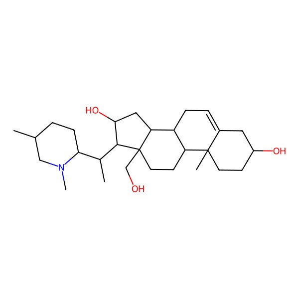 2D Structure of (3S,8R,9S,10R,13R,14S,16S,17R)-17-[(1S)-1-[(2S,5S)-1,5-dimethylpiperidin-2-yl]ethyl]-13-(hydroxymethyl)-10-methyl-2,3,4,7,8,9,11,12,14,15,16,17-dodecahydro-1H-cyclopenta[a]phenanthrene-3,16-diol