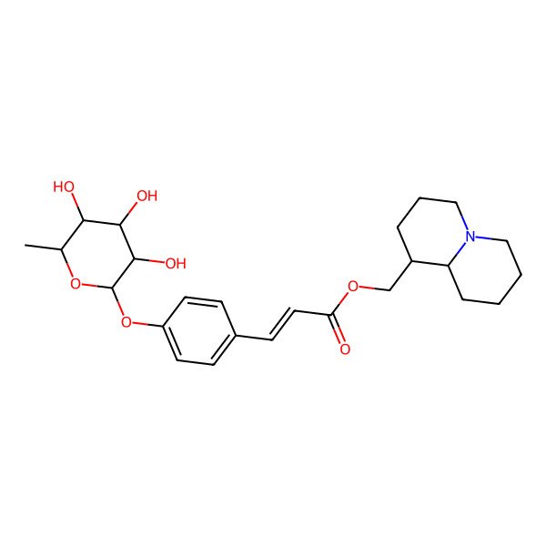 2D Structure of [(1S,9aR)-2,3,4,6,7,8,9,9a-octahydro-1H-quinolizin-1-yl]methyl (E)-3-[4-[(2S,3S,4S,5R,6R)-3,4,5-trihydroxy-6-methyloxan-2-yl]oxyphenyl]prop-2-enoate