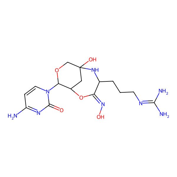 2D Structure of 2-[3-[(1R,4R,6R,9R)-9-(4-amino-2-oxopyrimidin-1-yl)-6-hydroxy-3-hydroxyimino-2,8-dioxa-5-azabicyclo[4.3.1]decan-4-yl]propyl]guanidine