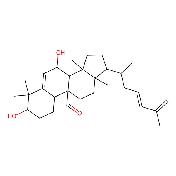 2D Structure of (8R,9R,10R,13R,14S)-3,7-dihydroxy-4,4,13,14-tetramethyl-17-(6-methylhepta-4,6-dien-2-yl)-2,3,7,8,10,11,12,15,16,17-decahydro-1H-cyclopenta[a]phenanthrene-9-carbaldehyde