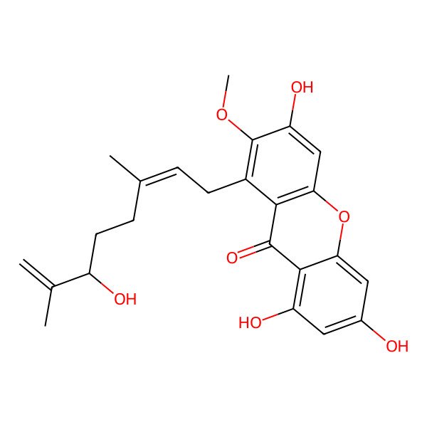 2D Structure of 3,6,8-trihydroxy-1-[(2E)-6-hydroxy-3,7-dimethylocta-2,7-dienyl]-2-methoxyxanthen-9-one