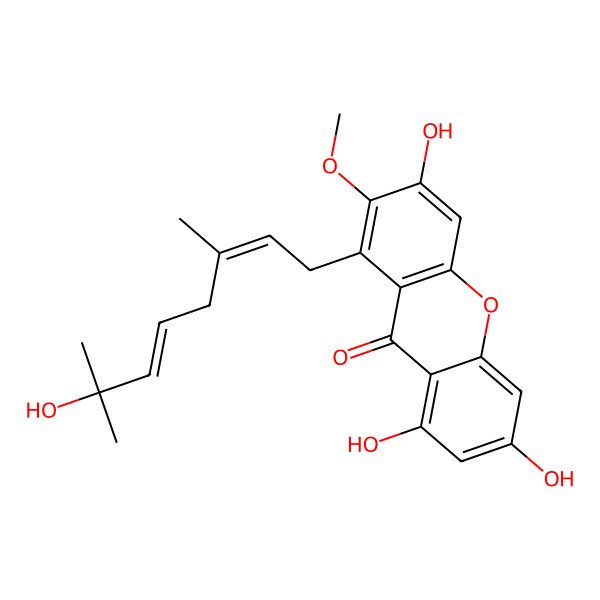 2D Structure of 3,6,8-trihydroxy-1-[(2E,5E)-7-hydroxy-3,7-dimethylocta-2,5-dienyl]-2-methoxyxanthen-9-one