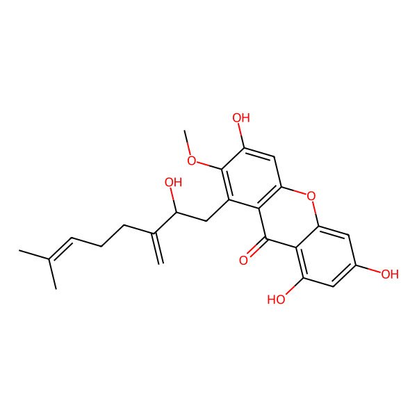 2D Structure of 3,6,8-trihydroxy-1-[(2S)-2-hydroxy-7-methyl-3-methylideneoct-6-enyl]-2-methoxyxanthen-9-one