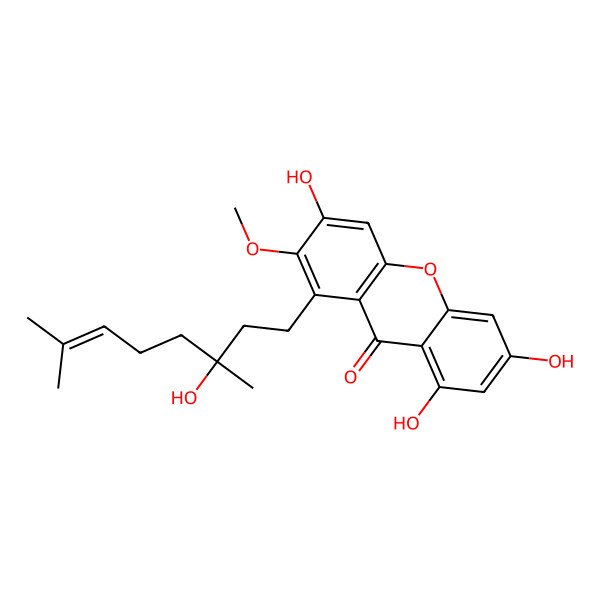 2D Structure of 3,6,8-trihydroxy-1-[(3R)-3-hydroxy-3,7-dimethyloct-6-enyl]-2-methoxyxanthen-9-one