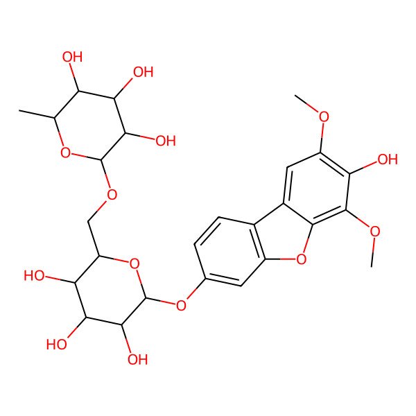 2D Structure of (2S,3R,4R,5R,6R)-2-methyl-6-[[(2R,3S,4S,5R,6S)-3,4,5-trihydroxy-6-(7-hydroxy-6,8-dimethoxydibenzofuran-3-yl)oxyoxan-2-yl]methoxy]oxane-3,4,5-triol