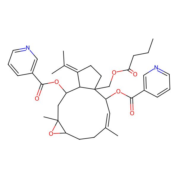 2D Structure of [(1S,2R,4S,6R,9E,11S,12S)-12-(butanoyloxymethyl)-4,9-dimethyl-15-propan-2-ylidene-11-(pyridine-3-carbonyloxy)-5-oxatricyclo[10.3.0.04,6]pentadec-9-en-2-yl] pyridine-3-carboxylate