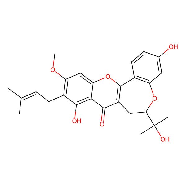 2D Structure of (6S)-3,9-dihydroxy-6-(2-hydroxypropan-2-yl)-11-methoxy-10-(3-methylbut-2-enyl)-6,7-dihydrochromeno[3,2-d][1]benzoxepin-8-one