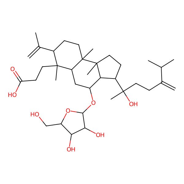 2D Structure of 3-[(3S,3aS,4R,5aR,6S,7S,9aR,9bR)-4-[(2R,3R,4R,5S)-3,4-dihydroxy-5-(hydroxymethyl)oxolan-2-yl]oxy-3-[(2S)-2-hydroxy-6-methyl-5-methylideneheptan-2-yl]-6,9a,9b-trimethyl-7-prop-1-en-2-yl-1,2,3,3a,4,5,5a,7,8,9-decahydrocyclopenta[a]naphthalen-6-yl]propanoic acid