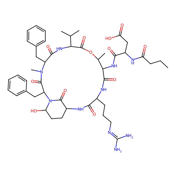 2D Structure of 3-(Butanoylamino)-4-[[2,5-dibenzyl-15-[3-(diaminomethylideneamino)propyl]-21-hydroxy-4,11-dimethyl-3,6,9,13,16,22-hexaoxo-8-propan-2-yl-10-oxa-1,4,7,14,17-pentazabicyclo[16.3.1]docosan-12-yl]amino]-4-oxobutanoic acid