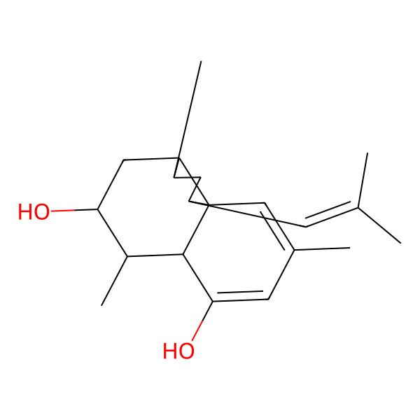 2D Structure of 3,6,9-Trimethyl-1-(2-methylprop-1-enyl)-1,2,3,3a,4,5,6,6a-octahydrocyclopenta[j]naphthalene-5,7-diol