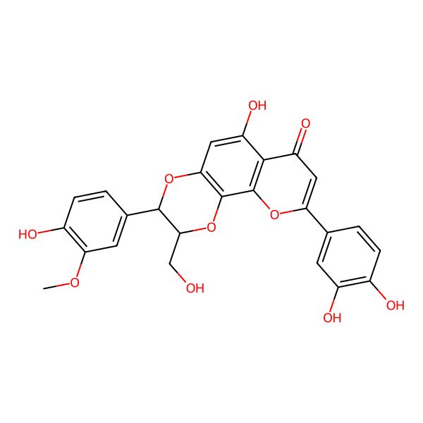 2D Structure of (2R,3R)-9-(3,4-dihydroxyphenyl)-6-hydroxy-3-(4-hydroxy-3-methoxyphenyl)-2-(hydroxymethyl)-2,3-dihydropyrano[3,2-h][1,4]benzodioxin-7-one