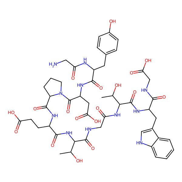 2D Structure of (4S)-4-[[(2S)-1-[(2S)-2-[[(2S)-2-[(2-aminoacetyl)amino]-3-(4-hydroxyphenyl)propanoyl]amino]-3-carboxy-propanoyl]pyrrolidine-2-carbonyl]amino]-5-[[(1S,2R)-1-[[2-[[(1S,2R)-1-[[(1S)-2-(carboxymethylamino)-1-(1H-indol-3-ylmethyl)-2-oxo-ethyl]carbamoyl]-2-hydroxy-propyl]amino]-2-oxo-ethyl]carbamoyl]-2-hydroxy-propyl]amino]-5-oxo-pentanoic acid