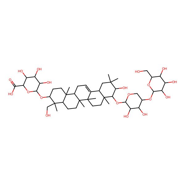 2D Structure of (2S,3S,4S,5R,6R)-6-[[(3S,4S,4aR,6aR,6bS,8aR,12aS,14aR,14bR)-9-[(2S,3R,4R,5S)-3,4-dihydroxy-5-[(2S,3R,4S,5S,6R)-3,4,5-trihydroxy-6-(hydroxymethyl)oxan-2-yl]oxyoxan-2-yl]oxy-10-hydroxy-4-(hydroxymethyl)-4,6a,6b,8a,11,11,14b-heptamethyl-1,2,3,4a,5,6,7,8,9,10,12,12a,14,14a-tetradecahydropicen-3-yl]oxy]-3,4,5-trihydroxyoxane-2-carboxylic acid