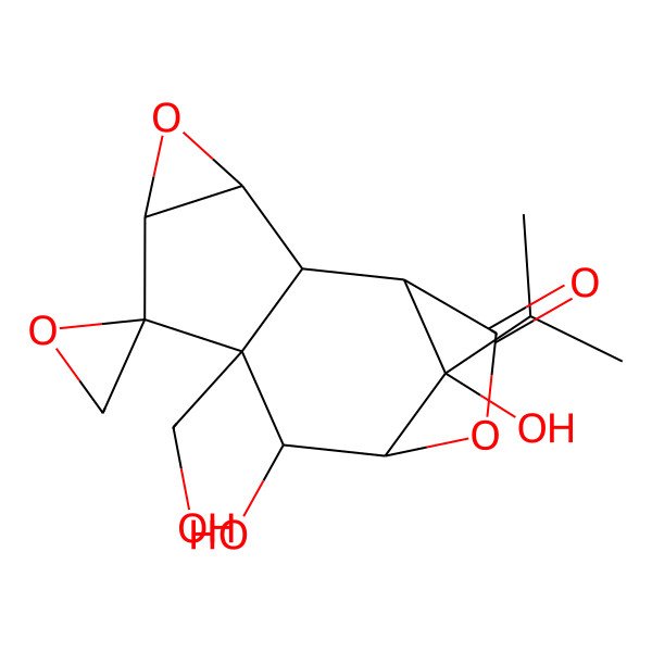 2D Structure of (1R,2S,3R,5R,6R,7R,8S,9S,12R)-8,12-dihydroxy-7-(hydroxymethyl)-12-propan-2-ylspiro[4,10-dioxatetracyclo[7.2.1.02,7.03,5]dodecane-6,2'-oxirane]-11-one