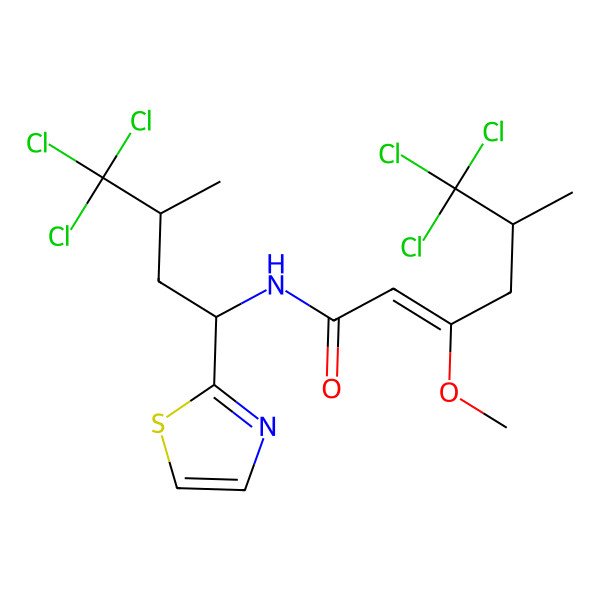 2D Structure of (E,5S)-6,6,6-trichloro-3-methoxy-5-methyl-N-[(1S,3S)-4,4,4-trichloro-3-methyl-1-(1,3-thiazol-2-yl)butyl]hex-2-enamide