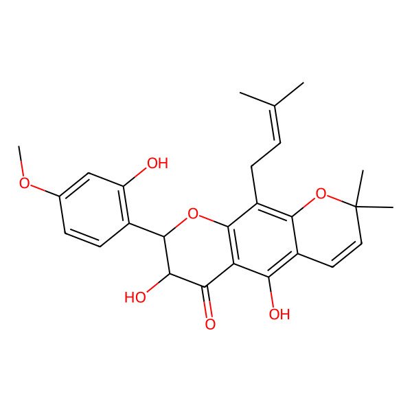 2D Structure of (7R,8R)-5,7-dihydroxy-8-(2-hydroxy-4-methoxyphenyl)-2,2-dimethyl-10-(3-methylbut-2-enyl)-7,8-dihydropyrano[3,2-g]chromen-6-one