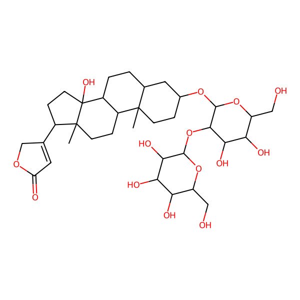 2D Structure of 3-[(3S,5S,8R,9S,10S,13R,14S,17S)-3-[(2R,3R,4S,5S,6R)-4,5-dihydroxy-6-(hydroxymethyl)-3-[(2S,3R,4S,5S,6R)-3,4,5-trihydroxy-6-(hydroxymethyl)oxan-2-yl]oxyoxan-2-yl]oxy-14-hydroxy-10,13-dimethyl-1,2,3,4,5,6,7,8,9,11,12,15,16,17-tetradecahydrocyclopenta[a]phenanthren-17-yl]-2H-furan-5-one