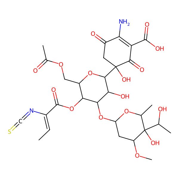 2D Structure of 5-[6-(acetyloxymethyl)-3-hydroxy-4-[5-hydroxy-5-(1-hydroxyethyl)-4-methoxy-6-methyloxan-2-yl]oxy-5-[(E)-2-isothiocyanatobut-2-enoyl]oxyoxan-2-yl]-2-amino-5-hydroxy-3,6-dioxocyclohexene-1-carboxylic acid