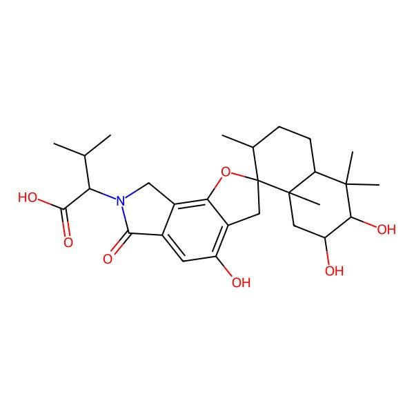 2D Structure of 3-methyl-2-(2,3,4'-trihydroxy-4,4,7,8a-tetramethyl-6'-oxospiro[2,3,4a,5,6,7-hexahydro-1H-naphthalene-8,2'-3,8-dihydrofuro[2,3-e]isoindole]-7'-yl)butanoic acid