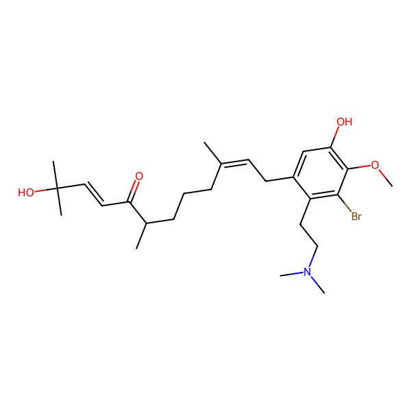 2D Structure of (3E,6R,10E)-12-[3-bromo-2-[2-(dimethylamino)ethyl]-5-hydroxy-4-methoxyphenyl]-2-hydroxy-2,6,10-trimethyldodeca-3,10-dien-5-one
