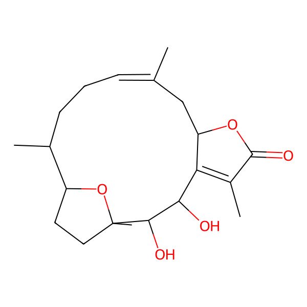 2D Structure of (1R,2S,3R,8R,10E,14R,15S)-2,3-dihydroxy-1,5,10,14-tetramethyl-7,18-dioxatricyclo[13.2.1.04,8]octadeca-4,10-dien-6-one