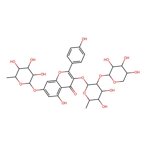 2D Structure of 3-[(2S,3R,4R,5R,6S)-4,5-dihydroxy-6-methyl-3-[(2S,3R,4S,5S)-3,4,5-trihydroxyoxan-2-yl]oxyoxan-2-yl]oxy-5-hydroxy-2-(4-hydroxyphenyl)-7-[(2S,3R,4R,5R,6S)-3,4,5-trihydroxy-6-methyloxan-2-yl]oxychromen-4-one