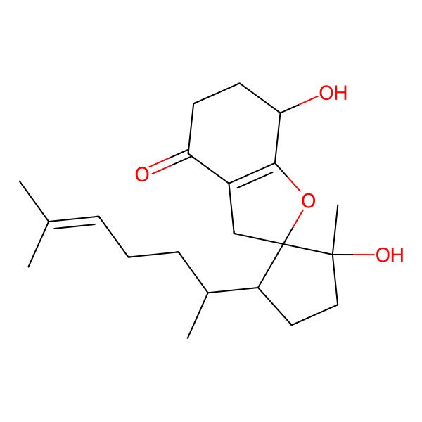 2D Structure of (1'S,2S,3'S,7R)-1',7-dihydroxy-1'-methyl-3'-[(2S)-6-methylhept-5-en-2-yl]spiro[3,5,6,7-tetrahydro-1-benzofuran-2,2'-cyclopentane]-4-one