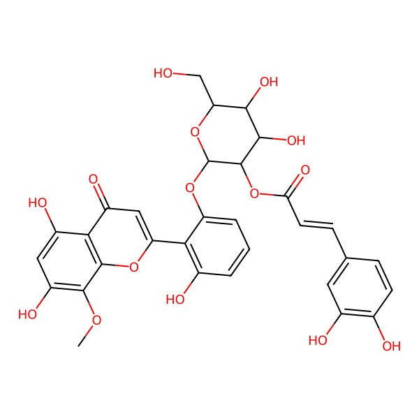 2D Structure of [(2S,3R,4S,5S,6R)-2-[2-(5,7-dihydroxy-8-methoxy-4-oxochromen-2-yl)-3-hydroxyphenoxy]-4,5-dihydroxy-6-(hydroxymethyl)oxan-3-yl] (E)-3-(3,4-dihydroxyphenyl)prop-2-enoate