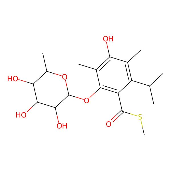 2D Structure of S-methyl 4-hydroxy-3,5-dimethyl-2-propan-2-yl-6-(3,4,5-trihydroxy-6-methyloxan-2-yl)oxybenzenecarbothioate