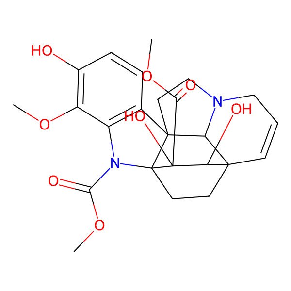 2D Structure of Dimethyl 5,17,18-trihydroxy-4-methoxy-2,12-diazahexacyclo[14.2.2.19,12.01,9.03,8.016,21]henicosa-3(8),4,6,14-tetraene-2,18-dicarboxylate