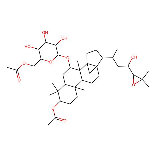 2D Structure of [(2R,3S,4S,5R,6R)-6-[[(1S,2R,3R,5R,7R,10S,11R,14R,15S)-7-acetyloxy-15-[(2R,4S)-4-[(2R)-3,3-dimethyloxiran-2-yl]-4-hydroxybutan-2-yl]-2,6,6,10-tetramethyl-3-pentacyclo[12.3.1.01,14.02,11.05,10]octadecanyl]oxy]-3,4,5-trihydroxyoxan-2-yl]methyl acetate